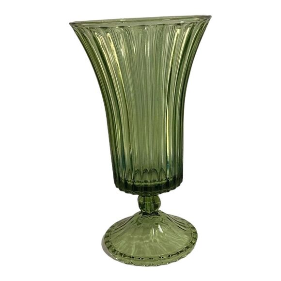 Vintage green glass Pedestal Vause vertical line scalloped base edge MCM - Picture 1 of 7